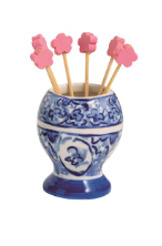 Hand-painted ceramic topiary toothpick caddy with decorative icon toothpicks