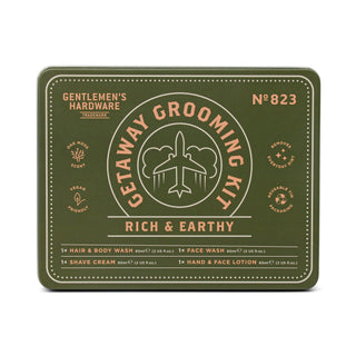 Gentlemen’s Hardware Getaway Grooming Kit in reusable tin

Travel grooming kit with oak moss scent and vegan ingredients

Rich & Earthy men’s travel grooming set in green tin

Gentlemen’s Hardware Travel Ready Kit for men

Compact men’s toiletry set with wash, lotion, and shave cream