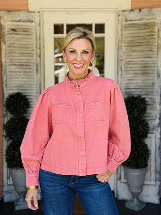 Lindsay Top rust denim button-down top with ruffled mock neckline