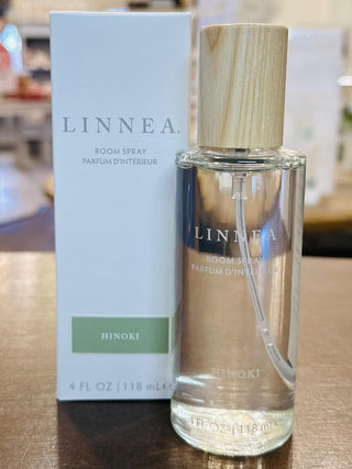 Linnea Hinoki room spray in glass bottle with natural wood cap
