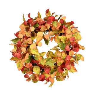 Aspen Leaf Wreath with realistic faux autumn leaves in red, orange, gold, peach, and green on a 24-inch wreath.