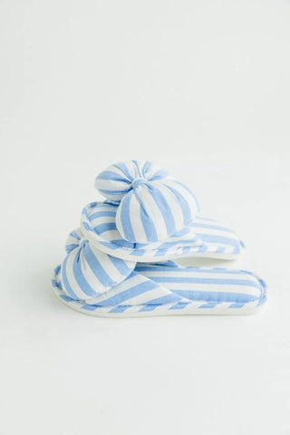 blue cabana stripe bow spa slippers with soft cotton fabric