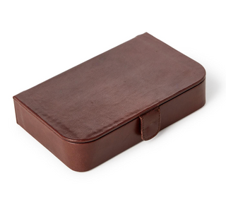 Chestnut Genuine Leather Domino Set with 28 acacia wood dominoes in a genuine leather storage case.