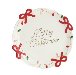 Hand-painted Merry Bow Platter featuring festive red bows, holiday light accents, gold electroplated details, and a "Merry Christmas" sentiment.
