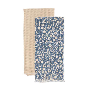 Cotton waffle weave tea towels in navy floral design