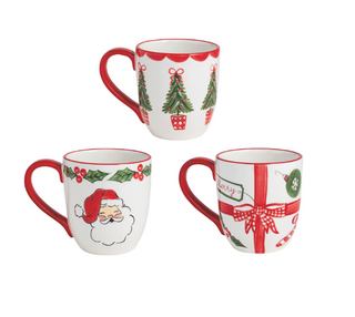 Hand-painted ceramic Christmas mugs available in three festive designs featuring a Christmas tree, Santa Claus, and a wrapped gift with a red bow.