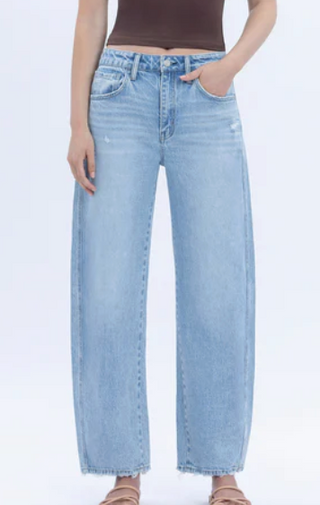 Super high rise crop barrel jeans in light wash denim with relaxed fit