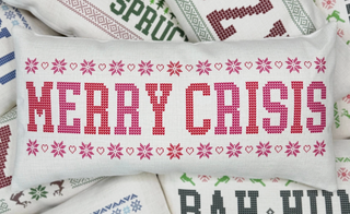 Merry Crisis pillow with red and pink cross-stitch design on beige fabric

Funny Christmas pillow with Merry Crisis embroidery pattern

Rectangular beige pillow with holiday cross-stitch lettering Merry Crisis

Humorous holiday pillow with pink and red stitched snowflakes

Merry Crisis throw pillow for Christmas décor with cross-stitch style design