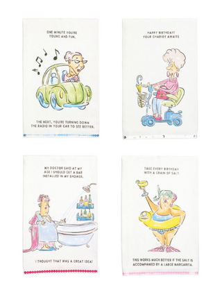 Sequin birthday cotton hand towel with funny aging illustration