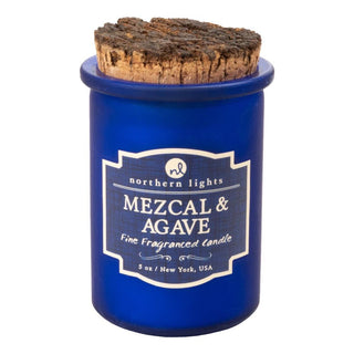 Mezcal & Agave scented candle in cobalt blue glass jar with cork lid