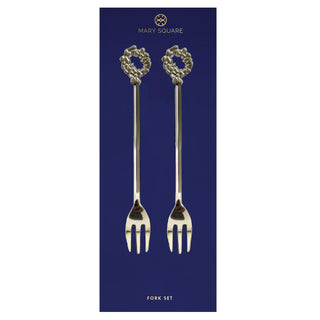Set of two gold appetizer forks with festive handles

Elegant holiday fork set with bow and wreath tops

Gold-tone appetizer forks on navy packaging

Festive serving forks perfect for holiday entertaining

Mary Square gold fork set with decorative handles