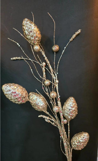Shimmering Pine Cone Spray featuring glitter-covered gold pinecones, sparkling berries, and delicate metallic branches for Christmas decorating.
