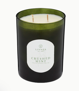 Linnea Crushed Mint candle in moss green glass vessel with seeded dust cover