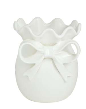 White ceramic bow vase with ruffle rim