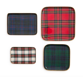 Tartan Decorative Metal Trays in navy, red, white, and green plaid