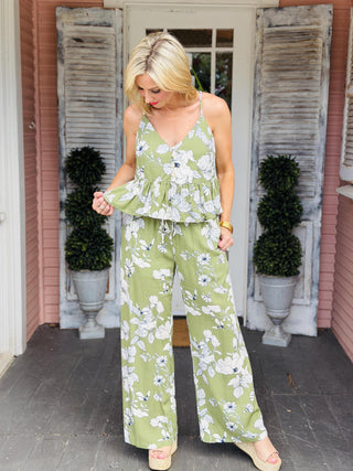 Laurie Set green floral printed top and pants matching set