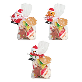 "Christmas sugar cookie gift set with wind-up toy"

"Holiday cookie set with Santa, snowman, and gingerbread designs"

"Festive Christmas cookie pack with toy and ribbon"

"Pack of iced sugar cookies and wind-up Christmas toy"

