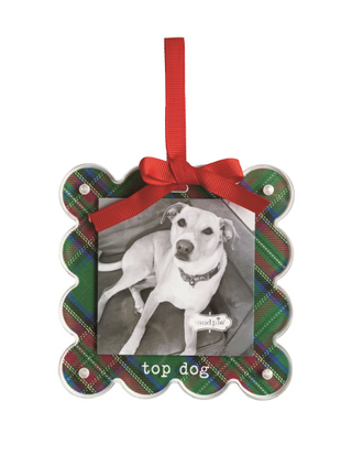 Tartan Photo Ornaments with scalloped acrylic frames, magnetic construction, grosgrain ribbon bows, and hanging loops for displaying 3" x 3" photos.