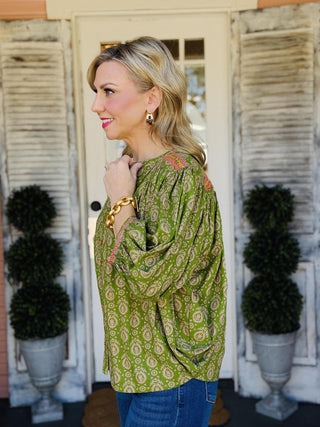 Ivy Jane Yoke Embroidered Top in green featuring a tonal block print, colorful embroidered yoke, button-front design, and long sleeves.