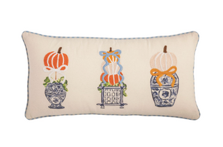 Lumbar Pumpkin Topiary Pillow featuring embroidered and appliquéd pumpkin topiary designs in blue and white planters with gingham piping, 11" x 22".