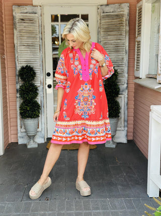 Red Kenzie Dress with colorful embroidery and contrast placket