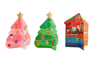 Pink and green Christmas tree sticker books with gold star toppers and decorative stickers.

Gingerbread house Christmas sticker book with Santa and elf illustrations.

Children’s Christmas activity books with festive stickers and foldable designs.