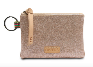 Consuela Emery Pouch with champagne glitter finish and leather zipper pull

Champagne glitter Consuela Emery Pouch with keyring and zip closure

Consuela Emery Pouch interior view showing card slot and zip compartment

Small glitter key pouch by Consuela with natural leather details
