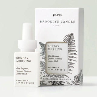 Pura Smart Fragrance Vial in Sunday Morning by Brooklyn Candle Studio with pear, bergamot, jasmine, gardenia, and amber woods notes.