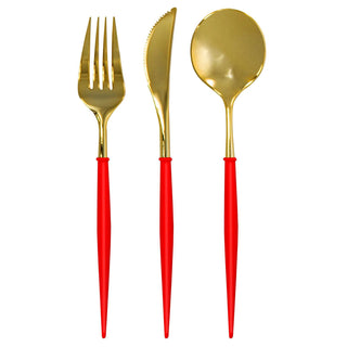 Red and gold modern disposable cutlery set

Bella gold and red handle plastic flatware

Elegant gold flatware with red handles

Reusable holiday cutlery set for parties

Sophisticated red and gold plastic utensils