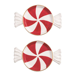 Green and white peppermint-shaped tidbit plates with gold rims, set of two

Pink and white peppermint candy-shaped ceramic plates with gold accents, set of two

Red and white peppermint candy-shaped tidbit dishes, hand-painted with gold trim, set of two