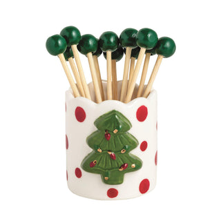 “Festive stoneware toothpick holder with reindeer design and red polka dots”

“Christmas wreath striped stoneware toothpick holder with wooden toothpicks”

“Holiday tree toothpick holder with red polka dots and green toothpicks”

“Santa striped stoneware toothpick holder with star-shaped toothpicks”

