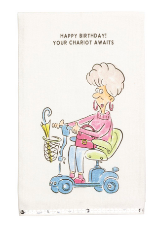 Sequin birthday cotton hand towel with funny aging illustration