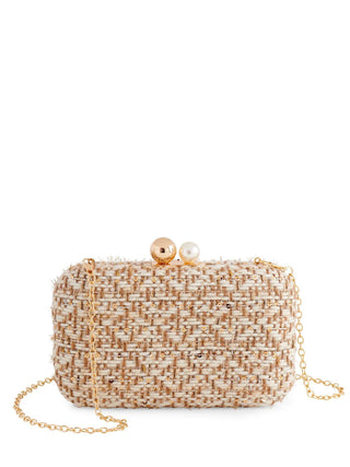 Gold tweed clutch with pearl and gold clasp

Elegant gold minaudière evening bag

Tweed texture clutch with gold chain strap

Glamorous gold purse with pearl detail

Chic gold evening clutch for parties
