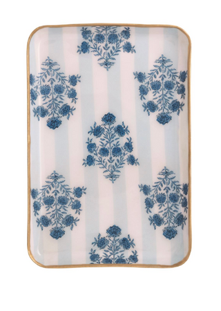 Blue patterned enamel trinket tray with hand painted gold edge