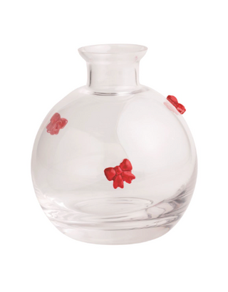 Clear glass bud vase with red bow accents

Round glass vase featuring 3D red bow details

Elegant bud vase with raised glass bow icons