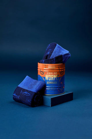Gentlemen’s Hardware Socks in a Can Fishing design

Can of Worms fishing-themed socks in reusable tin

Blue fish print socks in collectible bait tin

Novelty men’s fishing socks gift tin

Gentlemen’s Hardware Can of Worms socks gift set