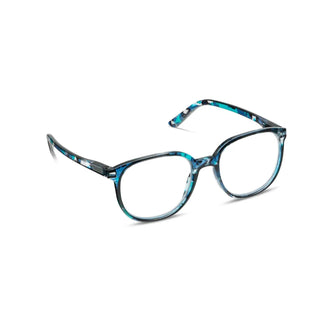 Stylish blue patterned eyeglasses with blue light filtering lenses and round shape