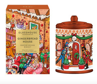 Glasshouse Fragrances Gingerbread House soy candle with festive spiced biscuit scent