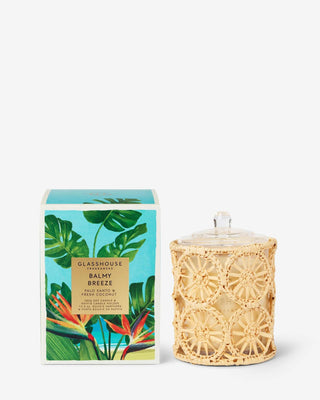 Glasshouse Balmy Breeze candle with raffia holder and tropical packaging