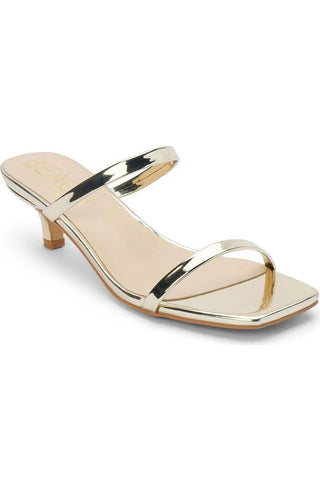 Gold double-strap kitten heel sandal with square toe

Shiny gold slip-on sandal with low heel and padded insole

Metallic gold vegan sandal with two straps and kitten heel

Square-toe gold sandal with faux leather finish