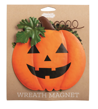 Pumpkin Wreath Magnet featuring a smiling jack-o'-lantern figural tin charm with a magnetic back for interchangeable Halloween wreath décor.