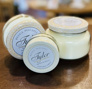 Tyler Candle Company French Market candle in glass jar with floral gardenia and tuberose scent