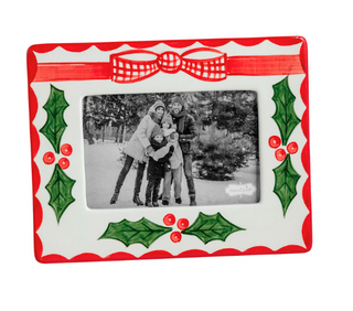 Hand-painted Holly Frame with festive holly leaves, red berries, bow detail, and easel back, available for 4" x 6" and 5" x 7" photos.