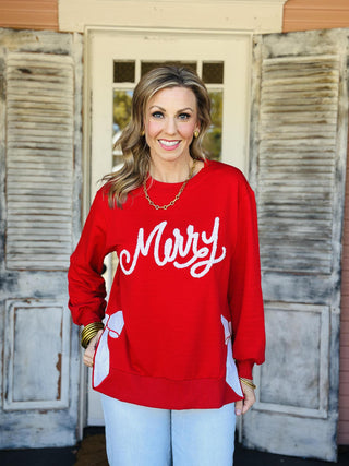 Red Lakelyn Merry Bow Sweater with white lettering and side bows

Festive red holiday sweater with “Merry” script and bow details

Christmas sweater with white Merry text and bow accents

Red knit holiday pullover with side bows and cheerful design

Lakelyn Merry Bow Sweater in bright red festive knit