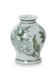 Green and white chinoiserie mini porcelain vases 

Hand-painted green and white chinoiserie bud vases

Mini porcelain chinoiserie vases with floral and bird designs

Decorative green and white hand-painted chinoiserie vases