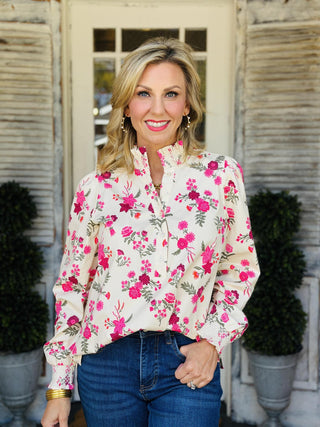 Kimberly Mistflower Top in cream with pink and red floral print