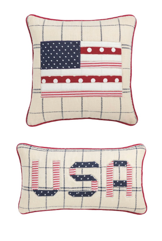 Americana quilted pillow with American flag design and piped edge