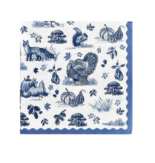 Falling for Blue Toile cocktail napkins featuring blue toile illustrations of turkeys, foxes, pumpkins, squirrels, mushrooms, and autumn foliage.