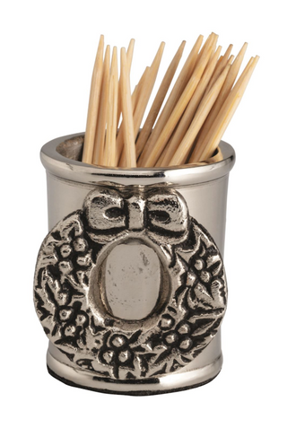 Holiday wreath toothpick holder with cast aluminum finish

Festive Christmas wreath toothpick caddy with wood toothpicks

2-piece silver wreath toothpick holder with holiday design

