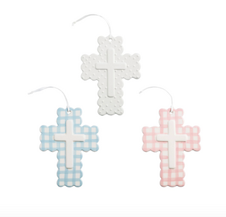 “Gingham ceramic cross ornament with layered design”